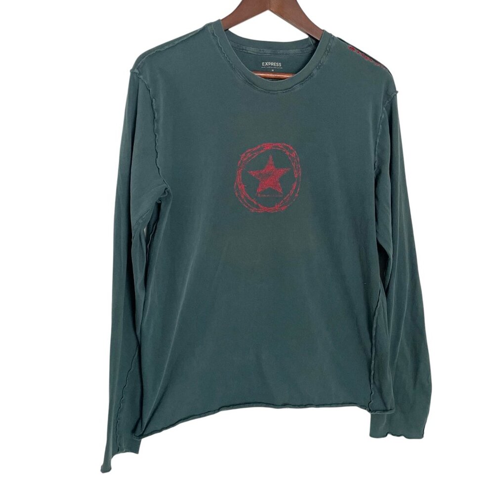 Vintage Y2K 00s Express T Shirt M Green Star Graphic Raw Hem Grunge Skater Emo